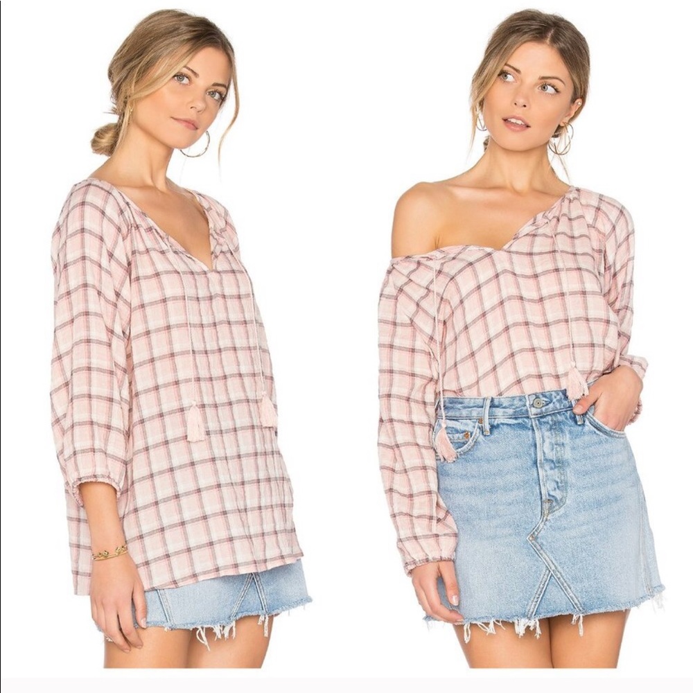 Soft Joie boho tassel top loose pink plaid